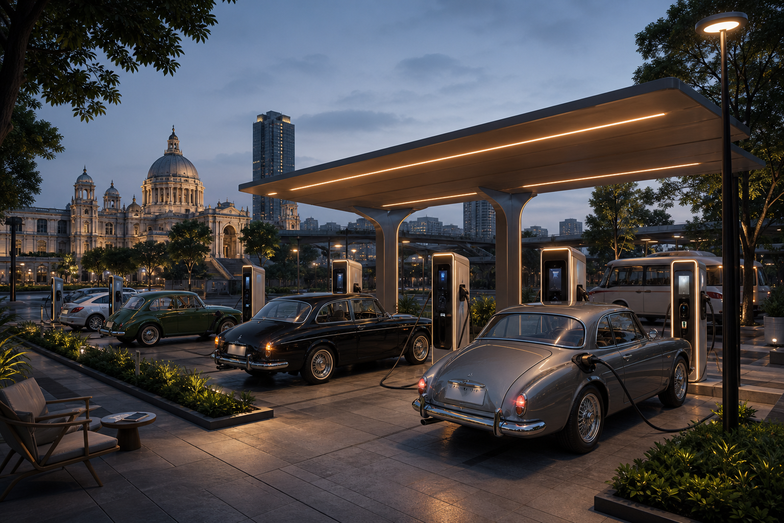 EV charging station with restored classic vehicles charging in an urban plaza.