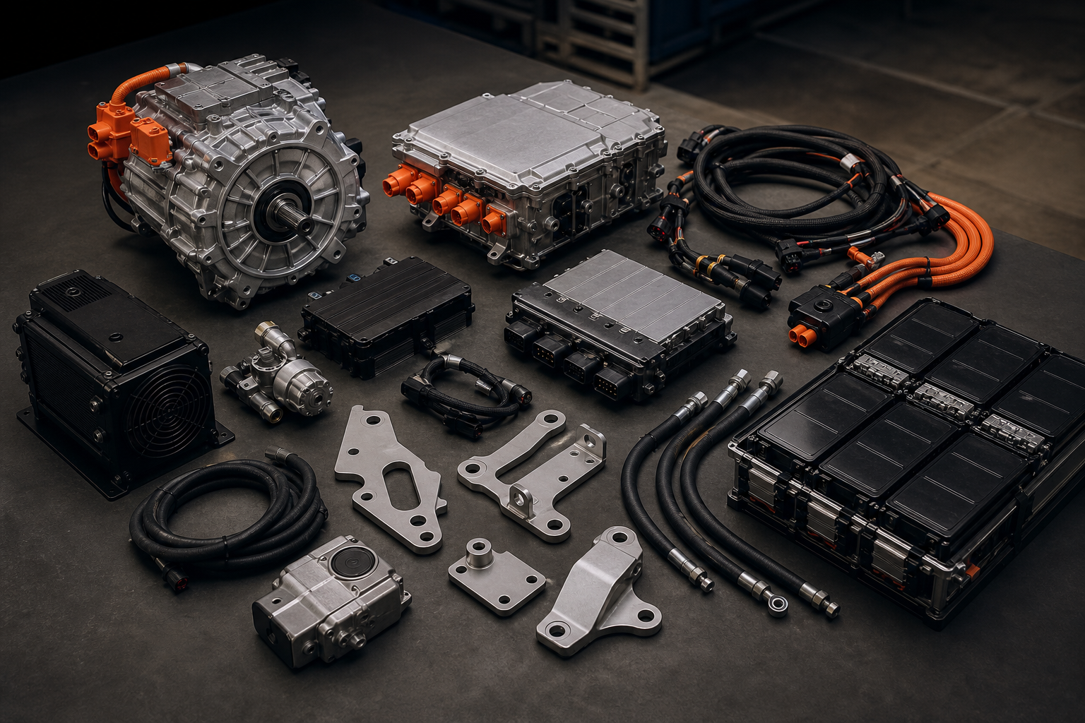 EV conversion kit components including motor, controller, wiring, and battery pack.