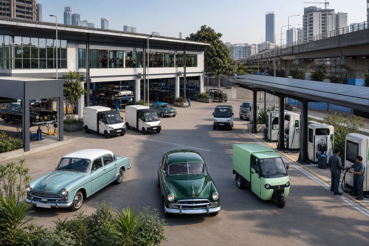 Urban EV conversion campus with restored cars and charging infrastructure.