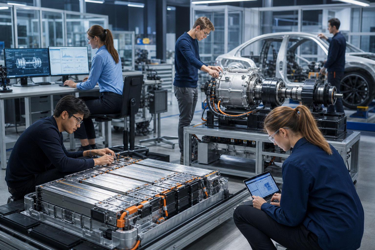 Engineers working in an EV research and battery development lab.