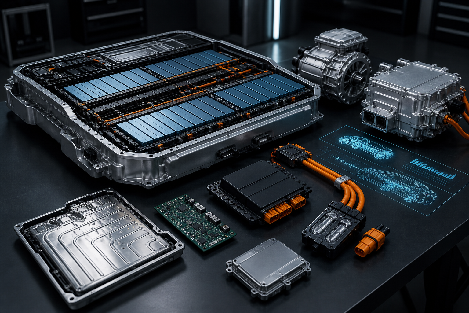 Advanced EV battery pack and power electronics laid out on a workshop table.