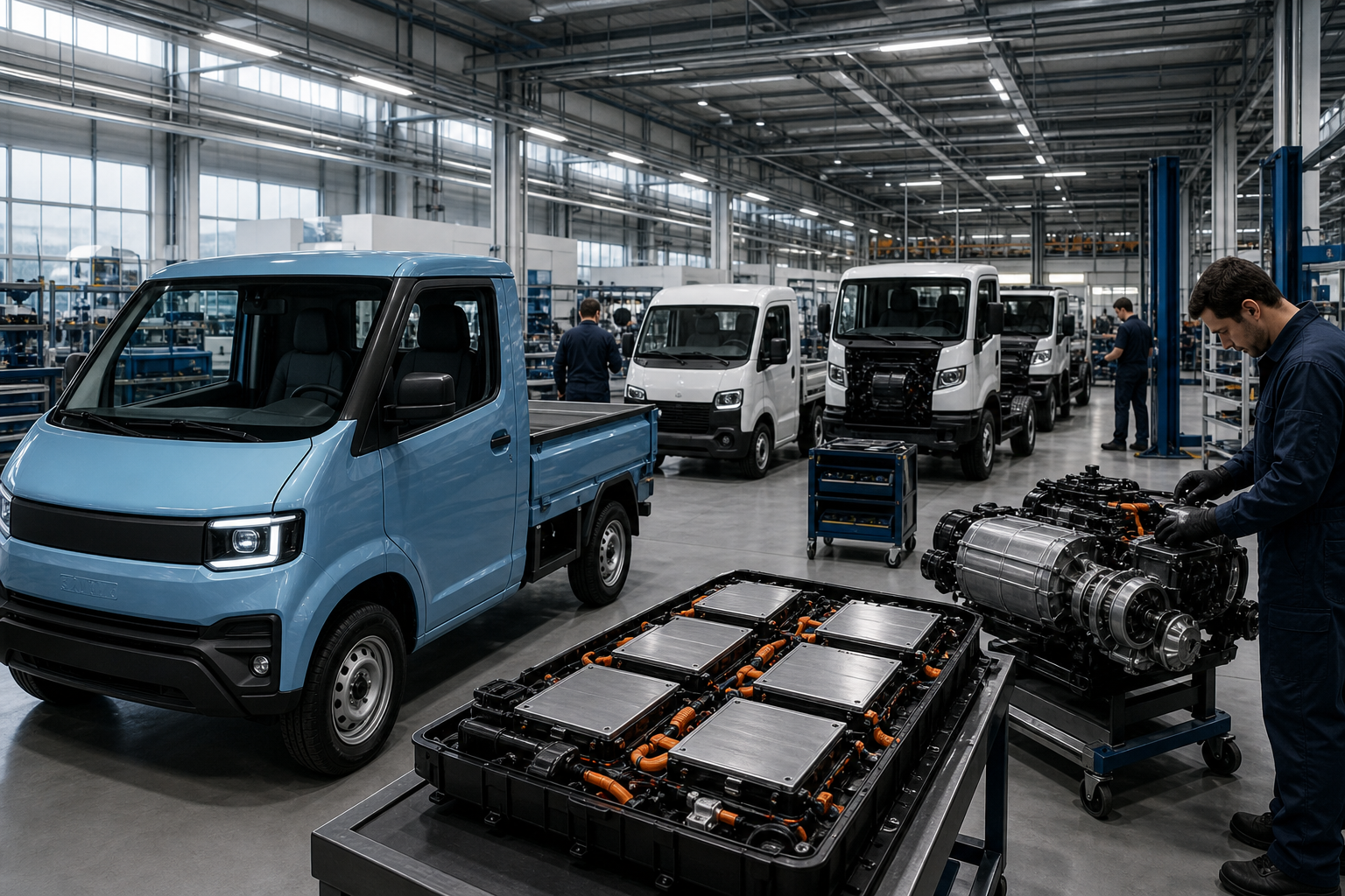 Light industrial trucks being converted to electric platforms inside a factory.