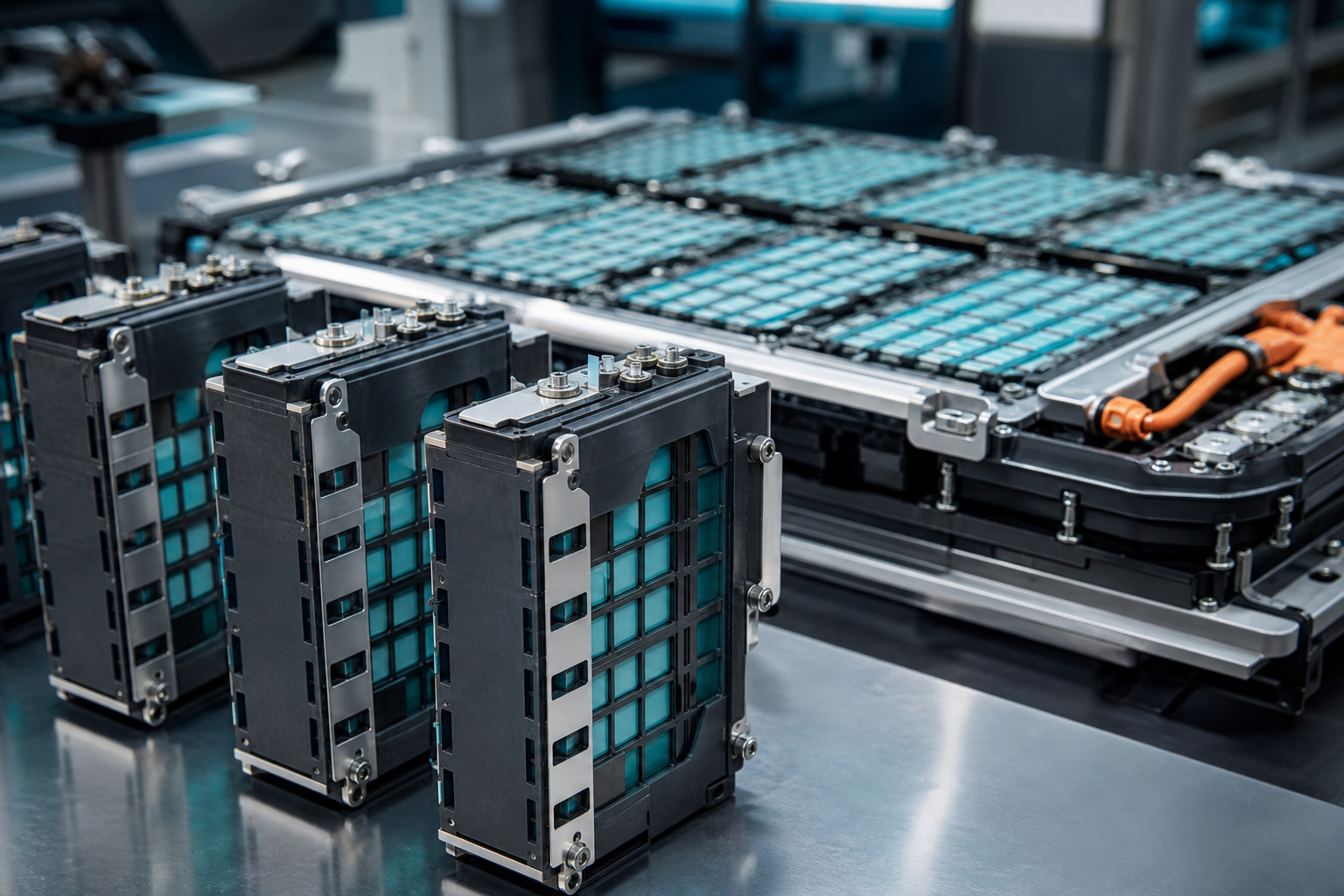LFP battery modules arranged near a battery pack assembly.